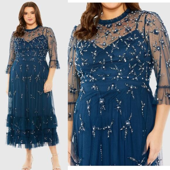 Mac Duggal 9263 Navy Ocean Blue Embellished Flutter Sleeve High Neck Gown 16W - Picture 1 of 9